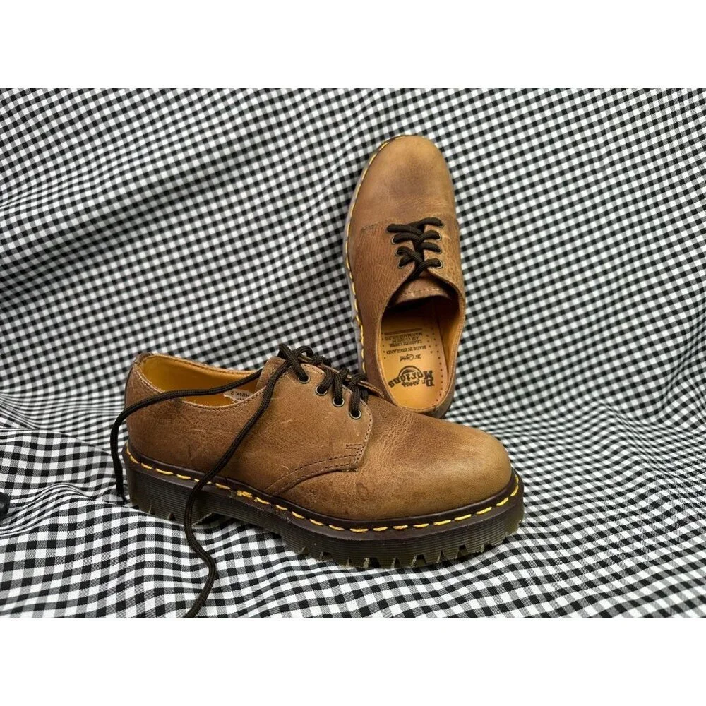Dr. Martens Tan Leather Platform Oxford Shoes UK 4 Yellow Stitch Made in England